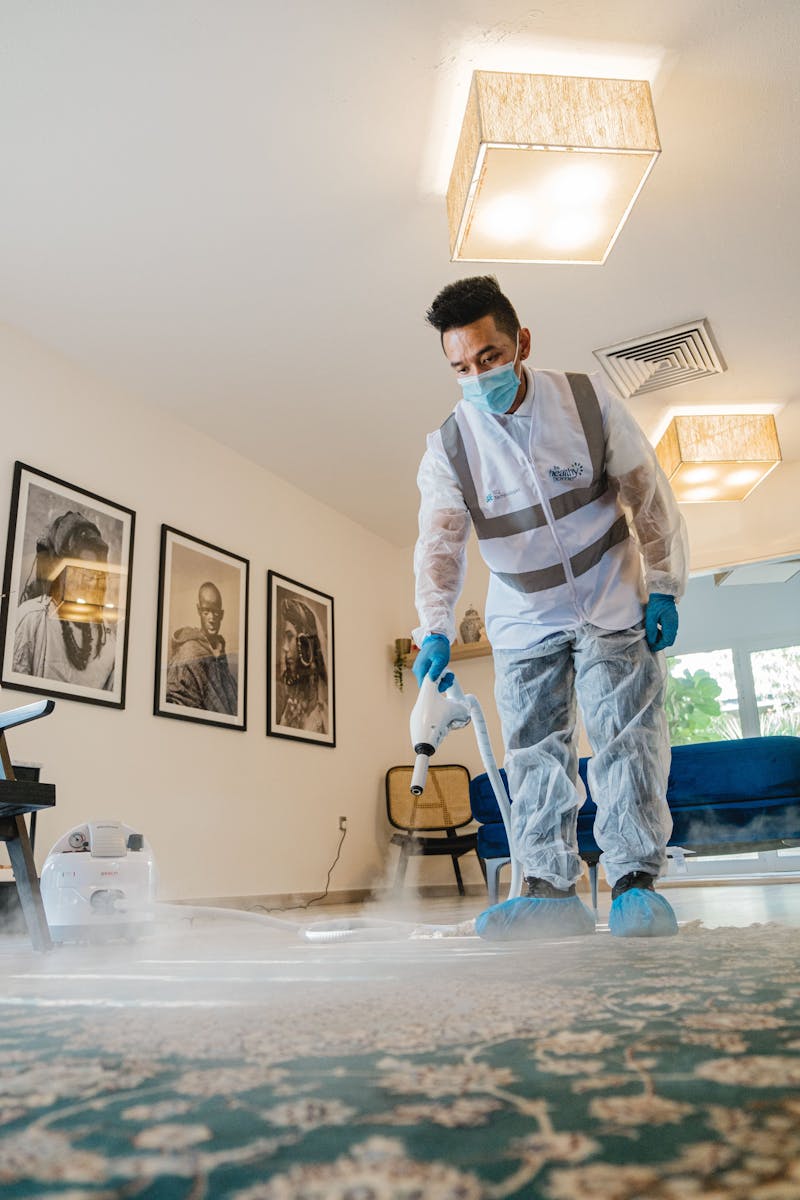 A professional in protective gear steam cleans carpet indoors, maintaining hygiene.